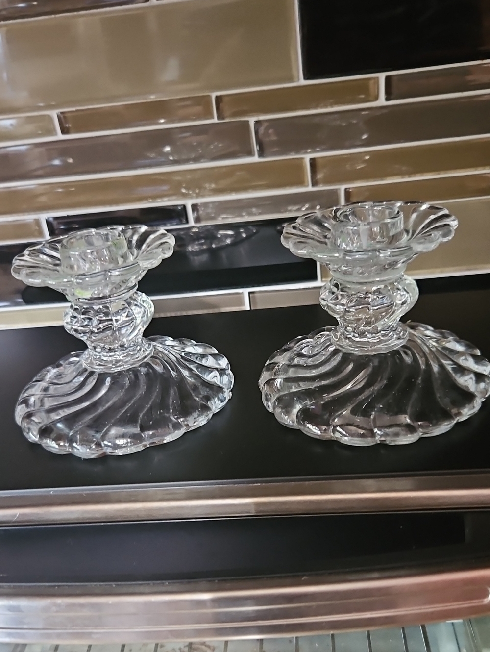Clear Glass Swirl Candlestick Holders - Pair